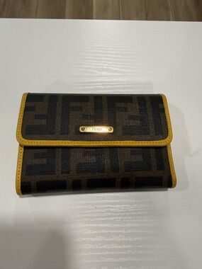 Fendi Brown Zucca Canvas Wallet with Yellow Trim